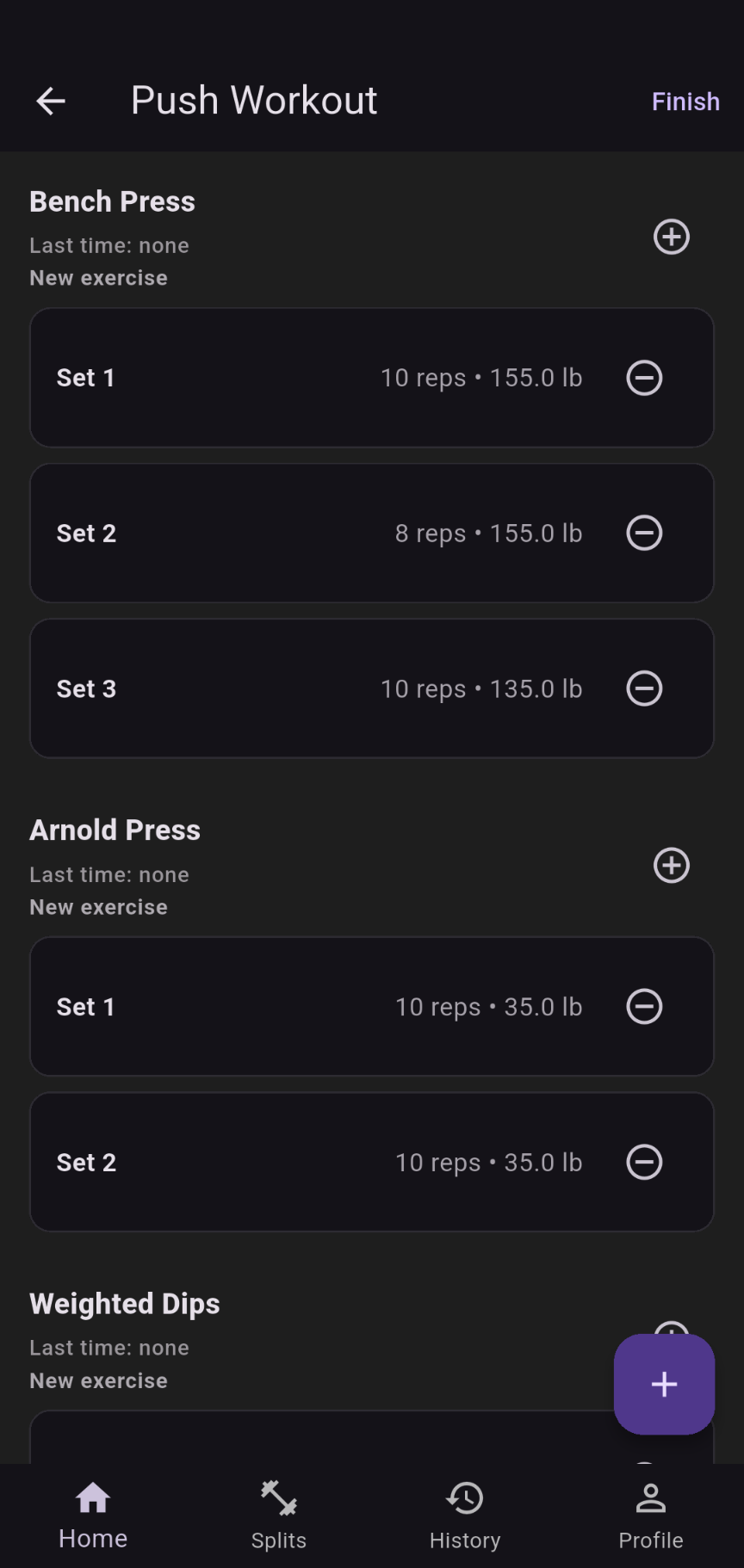 Simply Split workout screen